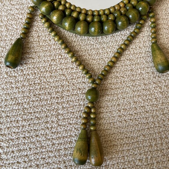 VTG Green Wooden Beads Tassels Frame Oval Mirror Boho Wall Hanging Cottagecore - Picture 12 of 17